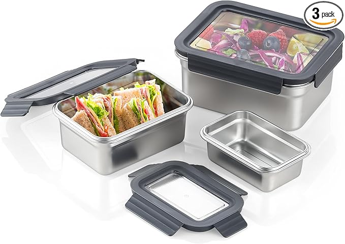 BEFOY Stainless Steel Food Storage Containers with Lids Airtight Bento Lunch Box for Kitchen Leak Proof Meal Prep Stackable Set of 3(450/1100/2500)