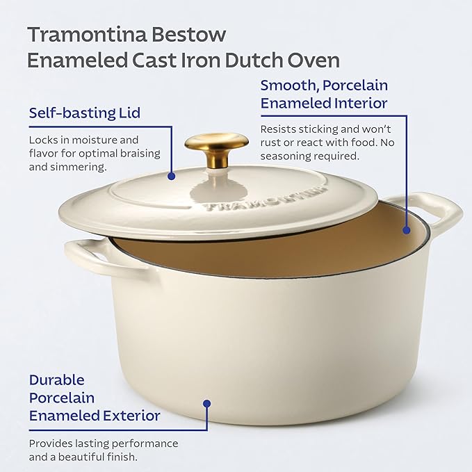 Tramontina Bestow Enameled Cast Iron Dutch Oven Pot with Lid, Round 6.5-quart, Latte (Gold Knob)