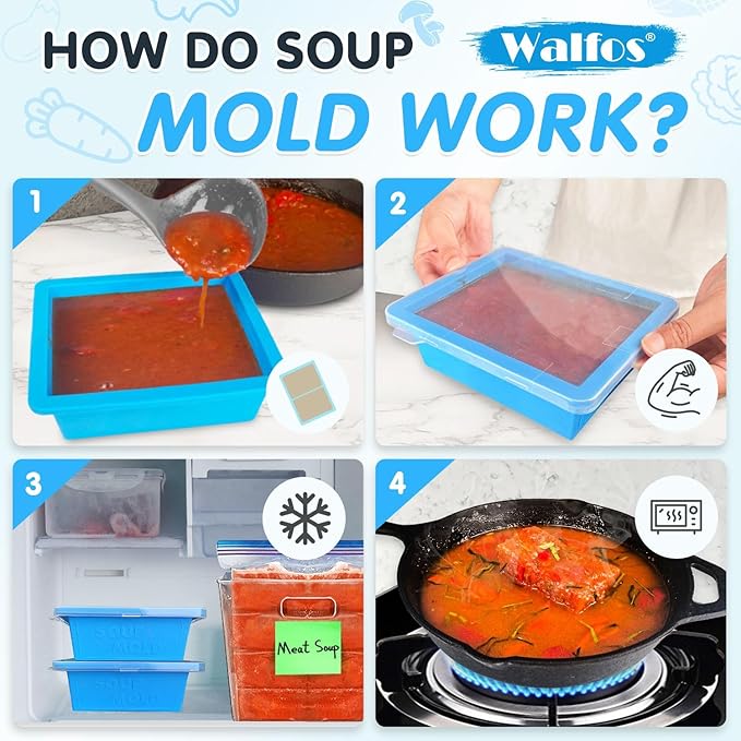 Walfos Silicone Freezer Tray With Lid - Easy to demold and Easy Meal Prep Container, 2pcs 1 Cup & 2pcs 2 Cup Silicone Mold for Soup and Food Storage -BLUE 4pcs