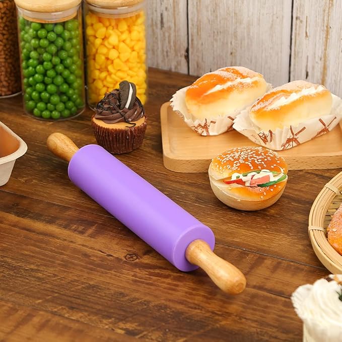 Koogel Rolling Pin for Baking, 12 Inch Non-Stick Silicone Surface, Wooden Handle Rolling Pin for Baking Pies, Pastry, Cookies, Kitchen Essential