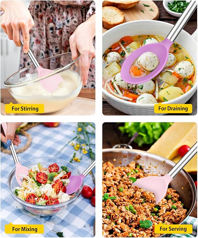 Pack of 2 Large Silicone Cooking Spoon Non Stick Solid Basting Spoons Heat-Resistant Kitchen Utensils for Mixing Serving (Pink-Purple)