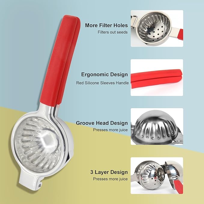 Lemon Squeezer Stainless Steel, NomadSphere Heavy Duty Large Squeezer Bowl, Manual Citrus Press Juicer and Lime Squeezer, Filter Mesh Design, 2 in 1 Store Juice, with Zester Tool & Cleaning Brush