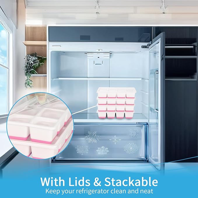 Large Ice Cube Trays with Lid, Jrisbo 2 Pack Stackable Silicone Ice Cube Molds for Freezer, Easy Release 16 Big Square Ice Trays for Whisky Cocktails (Pink)