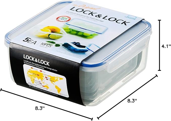 LOCK & LOCK Easy Essentials Food Storage lids/Airtight containers, BPA Free, 10 Piece - Square, Clear