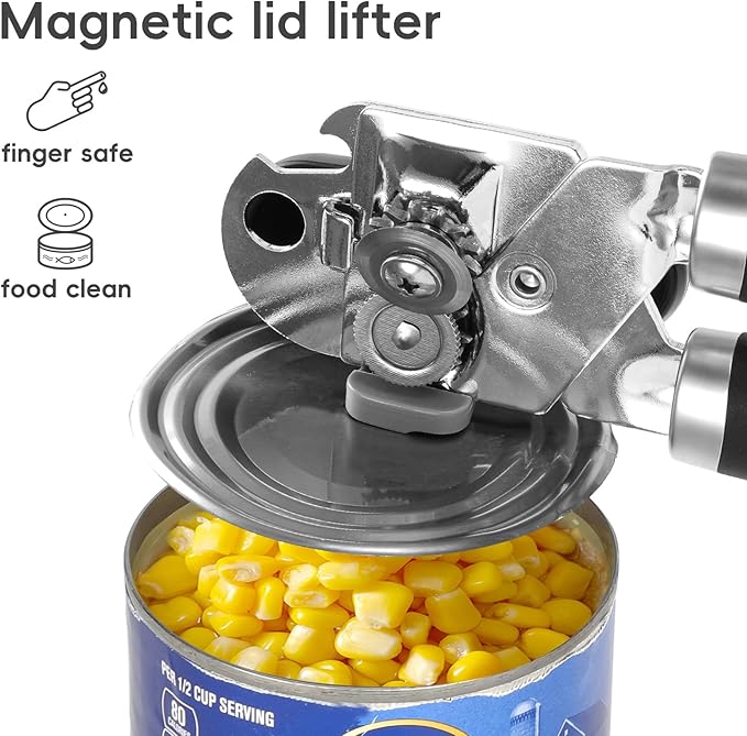 Can Opener Manual, UHIYEE Hand Held Manual Can Openers Heavy Duty with Smoother Cut Sharp Blade, Manual Hand Can Open with Soft Handle, Easy to Turn Knob, Magnetic Lid Lifter, Black