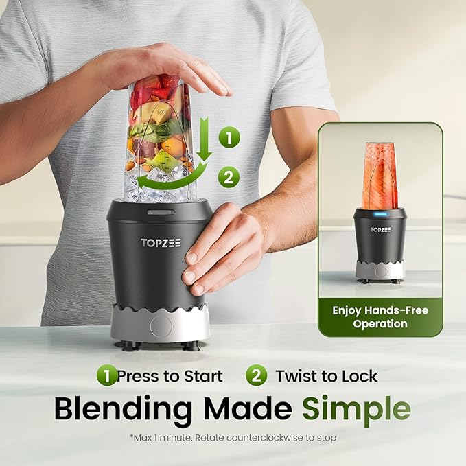 TOPZEE Personal Smoothie Blender - 1000W Single Serve Smoothie Maker with 24oz Portable Travel Cups, Ideal for Protein Shakes, Frozen Drinks, and Kitchen Use