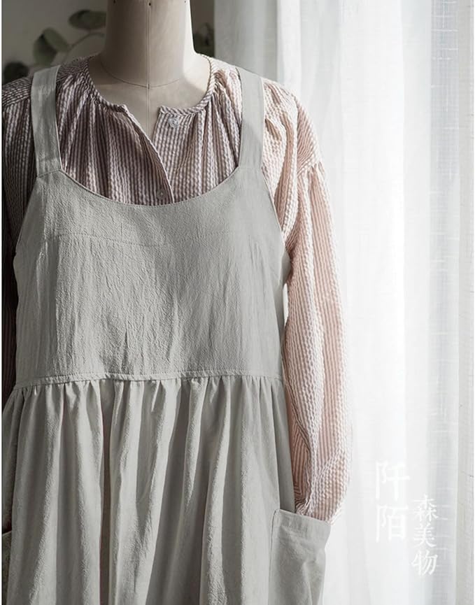 Uaussi Cotton Linen Apron Cross Back Work Apron for Women with Pockets Pinafore Dress X Cross Halter Apron for Chef Gardening
