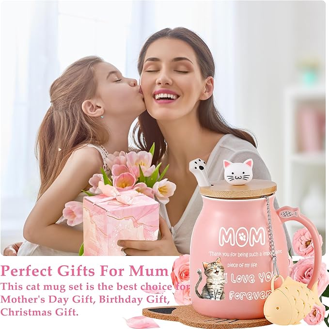 Christmas Gifts for Mom Stocking Stuffers for Mum Cute Ceramic Coffee Mug with Lid Fish Infuser Tea Cup Pink Stuff Best Mom Mama Gifts Mother Day Present Thank you Birthday Gifts from Daughter Son