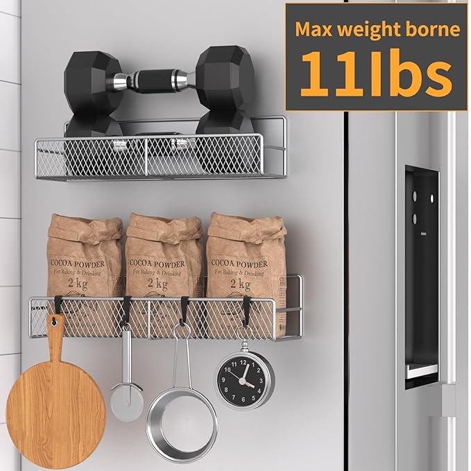 Magnetic Spice Rack for Refrigerator, 2 Pack 100% Metal Strong Magnet Shelf, Space Saving Spice Organizer W/ Hooks, Movable Magnetic Fridge Shelf, Kitchen Home Laundry Room Storage Organization, Grey