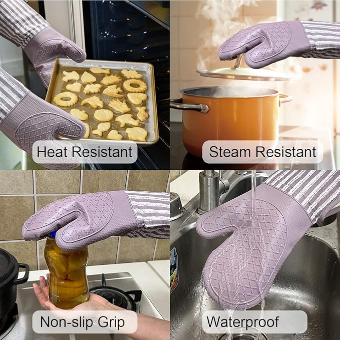 Silicone Oven Mitts Heat Resistant 932℉ with Waterproof & Non-Slip Kitchen Mittens, Set of 2 Extra Long Oven Gloves with Soft Cotton Terry Lining for Baking Cooking Barbecue(2, Purple Mitts)