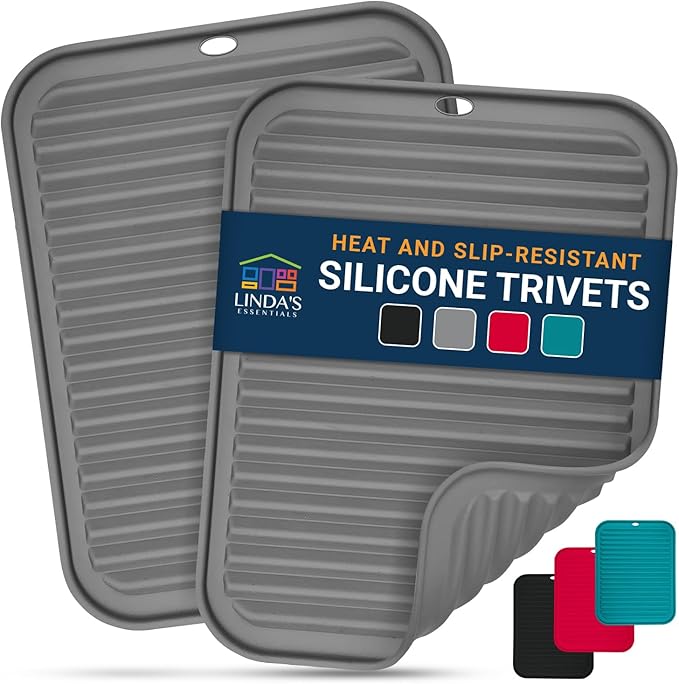 Silicone Trivets for Hot Dishes, Pots, Pans (2 Pack) - Heat-Resistant Pot Holders for Kitchen Countertop Mats - Silicone Trivet Mat (9 x 12 Inch) - Multipurpose Counter Pads (Grey)
