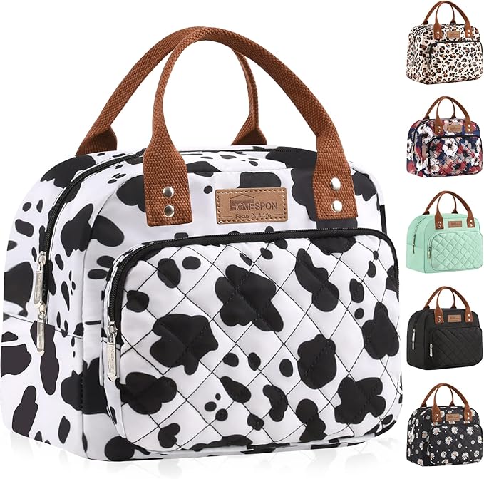 HOMESPON Lunch Bag for Woman Man Adults with Front Pocket Insulated Lunch Tote Lunch Box Container for Work Picnic or Travel(Cow)