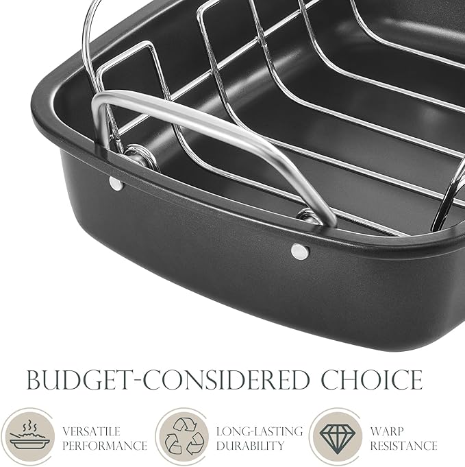 KITESSENSU Nonstick Turkey Roasting Pan with Rack 17 x 14 inch - Large Chicken Roaster Pan for Oven - Wider Handles & Heavy Duty Construction - Suitable for 24lb Turkey, Gold