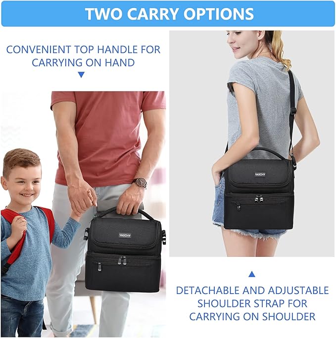 Vaschy Lunch Bag for Men and Women - 8L Capacity, Water Resistant, with Shoulder Strap and Carry Handle, Black