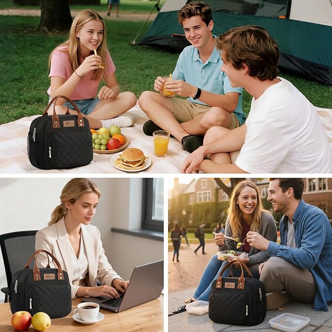 HOMESPON Lunch Bag for Woman Man Adults with Front Pocket Insulated Lunch Tote Lunch Box Container for Work Picnic or Travel(Black Side Pockets)