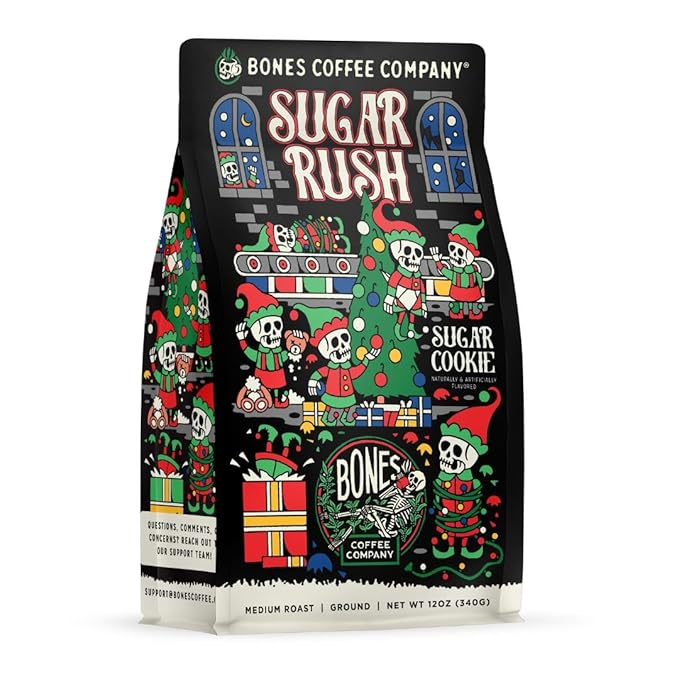 Bones Coffee Company Sugar Rush, Sugar Cookies Flavored Coffee, Medium Roast Low Acid Arabica Beans Compatible with Auto drip and French Press Coffee Maker, 12 Oz Ground