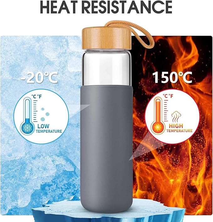 20 Oz Borosilicate Glass Water Bottles with Silicone Sleeve BPA Free, Dishwasher Safe - Reusable Clear Glass Drinking with Leak Proof Bamboo Lid | Perfect Gym Water Bottles for Men & Women