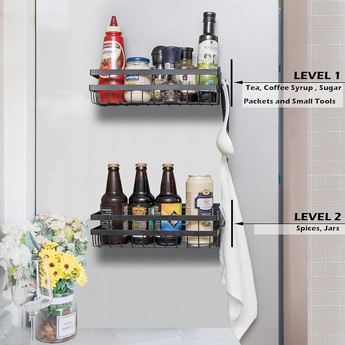 Sleclean Magnetic Spice Rack Organizer for Refrigerator, Pack of 2, Fridge Organizer Shelf, Refrigerator Organizers and Storage, Multi Use Kitchen Magnetic Shelf,11.8"x4.5"x4.3",Black