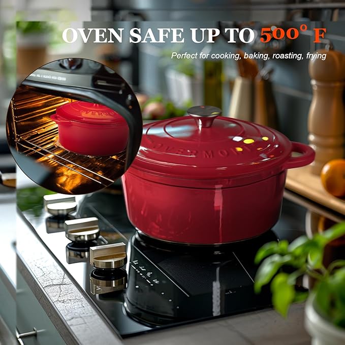 Overmont Enameled Cast Iron Dutch Oven - 7QT Pot with Lid Cookbook & Cotton Potholders - Heavy-Duty Cookware for Braising, Stews, Roasting, Bread Baking red