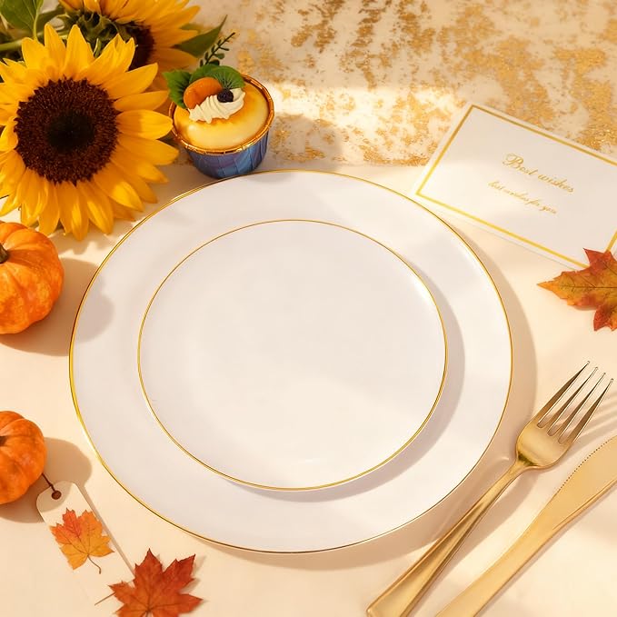 KIRE 200PCS Gold Plastic Plates - Disposable Plates for Party - White Plastic Plates with Gold Rim Include 100 for Dinner and 100 for Dessert/Salad in Wedding/Thanksgiving