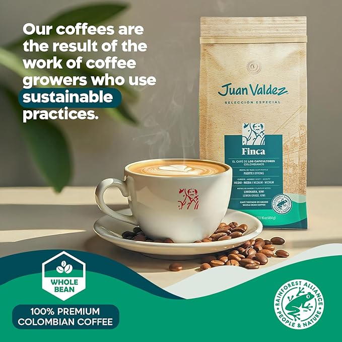 Juan Valdez Finca Whole Bean Coffee - Dark Roast | 16 oz / 454 gr | 100% Colombian Coffee - Rainforest Certified | With Lemongrass & Kiwi Notes