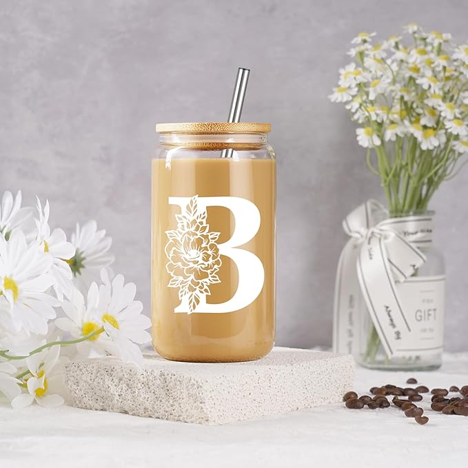 Coolife Initial Glass Cup, Monogrammed Gifts for Women, 16 oz Glass Cups w/Lids Straws, Iced Coffee Smoothie Beer Tumbler w/Straw Lid - Personalized Christmas, Birthday Gifts for Her Mom Friend Woman