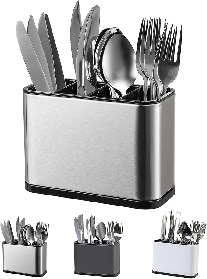 Silverware Organizer,Kitchen Utensil Holder For Counter,Stainless Steel Caddy,4 Compartments Organizer,Capacity Flatware Spoon Fork Tool Cutlery Holder（Silvery）