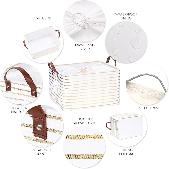 Hinwo 31L Large Storage Bins, 2-Pack Closet Organizers and Storage, Foldable Clothes Storage Baskets with Handles, Containers for Clothing, Blanket, Towels, Toys, Bedding (Gold Stripe)