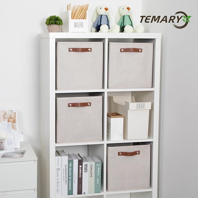Temary Cube Storage Bins 12 Inch Storage Cubes 4PCs Fabric Organizer Bins Boxes with Handles, Sturdy Collapsible Closet Storage Organizer for Shelf, Bedroom, Cabinet (Beige, 12 x 12 x 12)