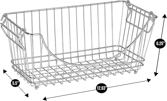 Smart Design Stacking Baskets Organizer w/ Handle - Medium - Steel - for Food, Fruit, & Vegetable Safe - Kitchen (12.63 x 5.5 Inch) [Chrome] (2 Pack)