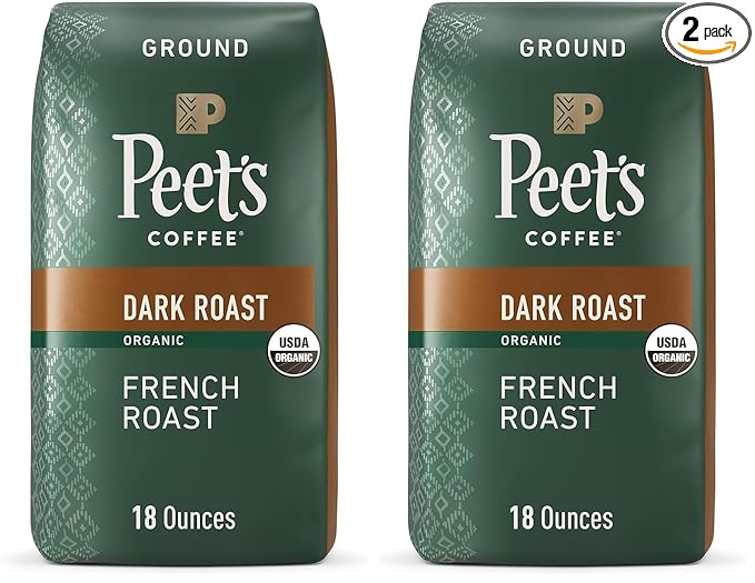 Peet's Coffee Dark Roast Ground Coffee | USDA Organic | French Roast | 36 Ounces | 2 Bags