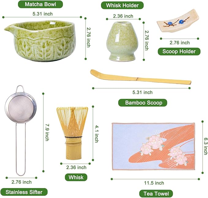 Matcha Whisk Bowl Set, 7PCS All-in-One Japanese Tea Set Includes Matcha Bowl with Spout, Bamboo Whisk (Chasen) with Stand, Scoop, Sifter, Complete Kit for Ceremony, Gift for Matcha Tea Lovers(Ivory)