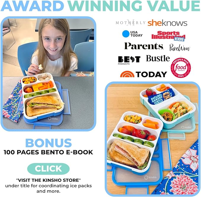 Bento Lunch-Box for Adults Kids Lunches, Portion Control Container Boxes for Women Girls Boys | Leak-proof Snack Containers, BPA-Free Utensils5 Compartments | Blue & Green 2 pack Set