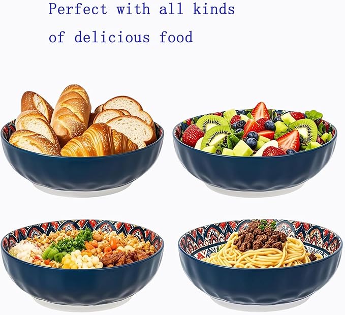 OZY Large Serving Bowls,10 inch Ceramic Salad Bowls,Ideal Housewarming Gift,Vibrant Color Soup Bowls for Party,Pasta,Fruit,Dishwasher & Microwave Safe Soup Bowls (Blue)