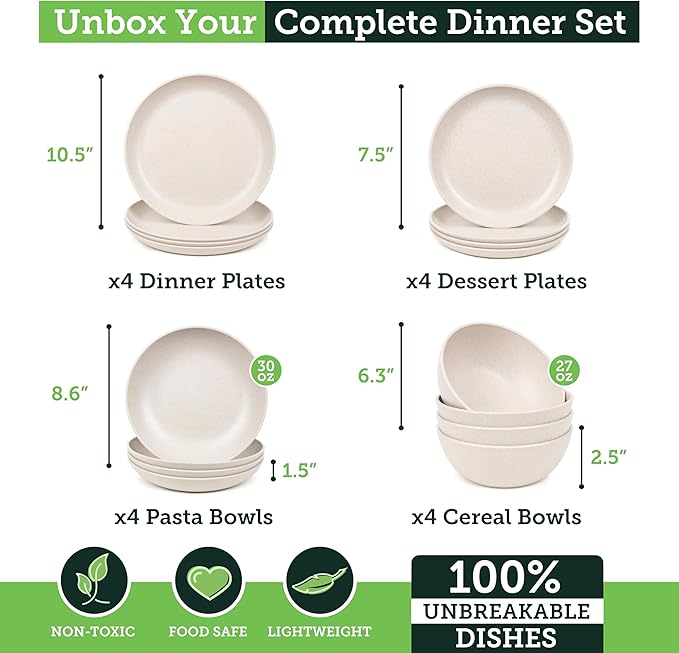 Grow Forward 16-piece Premium Wheat Straw Dinnerware Sets for 4 - Unbreakable Dishwasher & Microwave Safe Plastic Plates and Bowls Sets - Patio, Outdoors, RV, Camping Dishes - Sahara