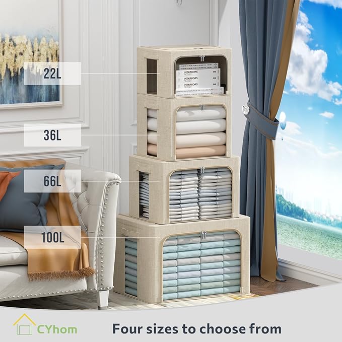 Clothes Storage Bins Box - Linen Fabric Foldable Stackable Container Organizer Set with Clear Window & Carry Handles & Metal Frame for Bedding, Blankets, Books (Beige, Medium-36L)
