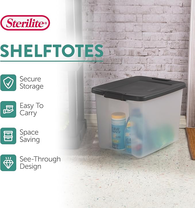 Sterilite 12-Pack 50 Quart ShelfTote, Clear Plastic Storage Organizer Bins with Gray Lids – Stackable Home and Office Containers for Closet or Shelves