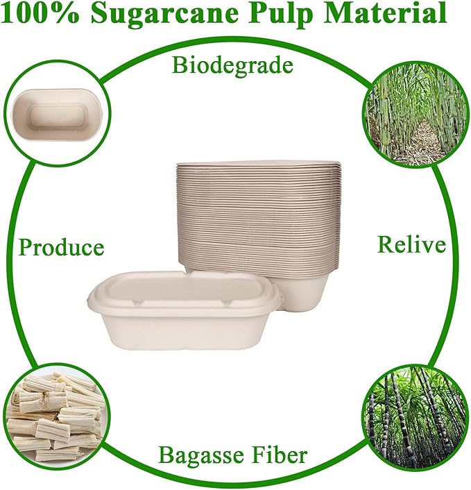 50-pack 34 oz Disposable Food Containers with Lids, Sugarcane Pulp Take Out Containers, Compostable To-Go Microwave Safe Lunch Box for Meal Prep, Salad, Pasta, Nacho, Burrito