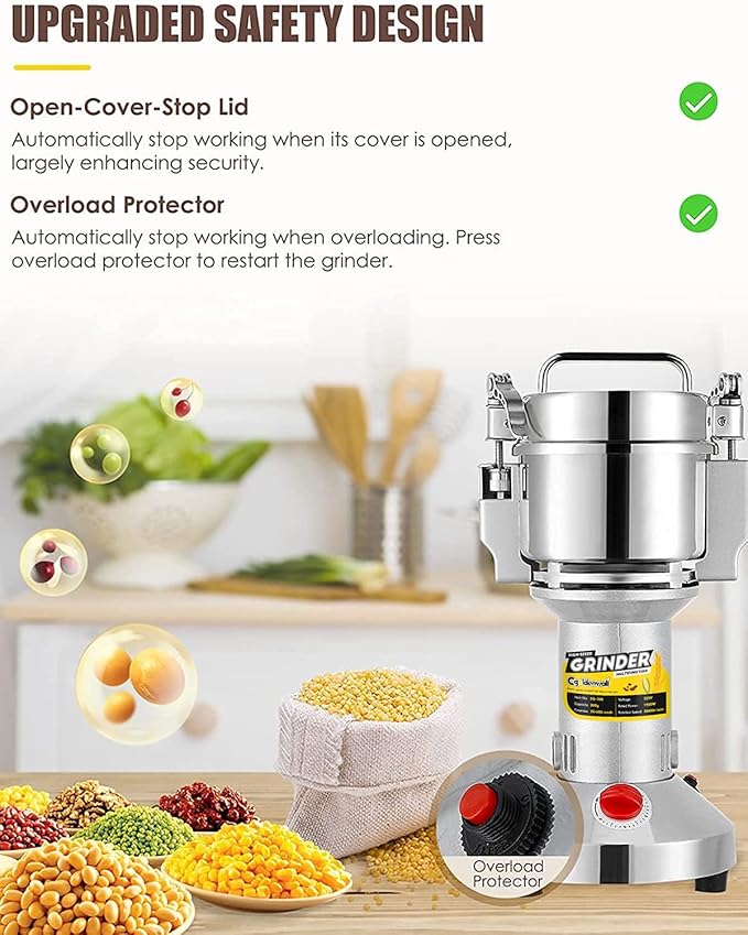 CGOLDENWALL Safety Upgraded Electric Grain Grinder Mill High-speed Dry Spice Herb Mill Grinding Machine with 1500W Commercial Motor Overload Protection CE 110V (300g Hand-held Type)