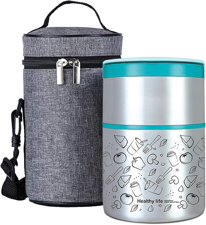 Lille Home Vacuum Insulated Stackable Stainless Steel Thermal Lunch/Snack box, 2-Tier Bento/Food Container with Lunch bag, Smart Diet, Weight Control, 32 Ounces, Blue