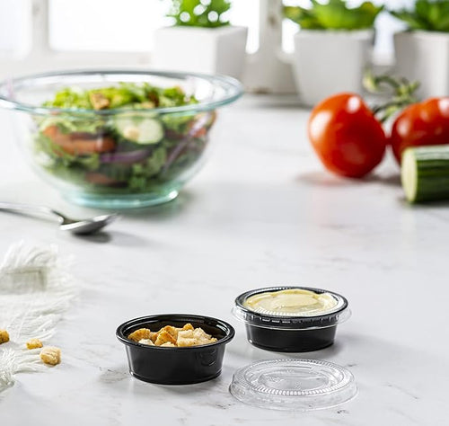 (1.5 oz - 100 Sets) Black Diposable Plastic Portion Cups With Lids, Small Mini Containers For Portion Controll, Jello Shots, Meal Prep, Sauce Cups, Slime, Condiments Disposable Souffle Cups