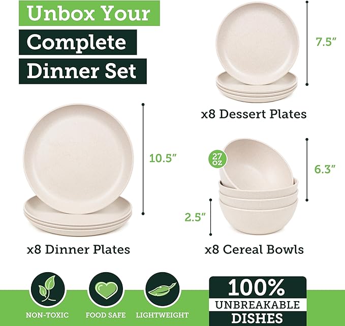Grow Forward 24-piece Premium Wheat Straw Dinnerware Sets for 8 - Unbreakable Dishwasher & Microwave Safe Plastic Plates and Bowls Sets - Patio, Outdoors, RV, Camping Dishes - Sahara
