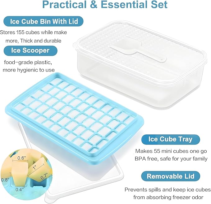 ARTLEO Ice Cube Tray with Lid and Bin for Freezer, Easy Release 55 Ice Cube Trays 2 Pack, Spill-Proof Filling & Transporting, Stackable Ice Maker Tray and Big Storage Container, BPA Free