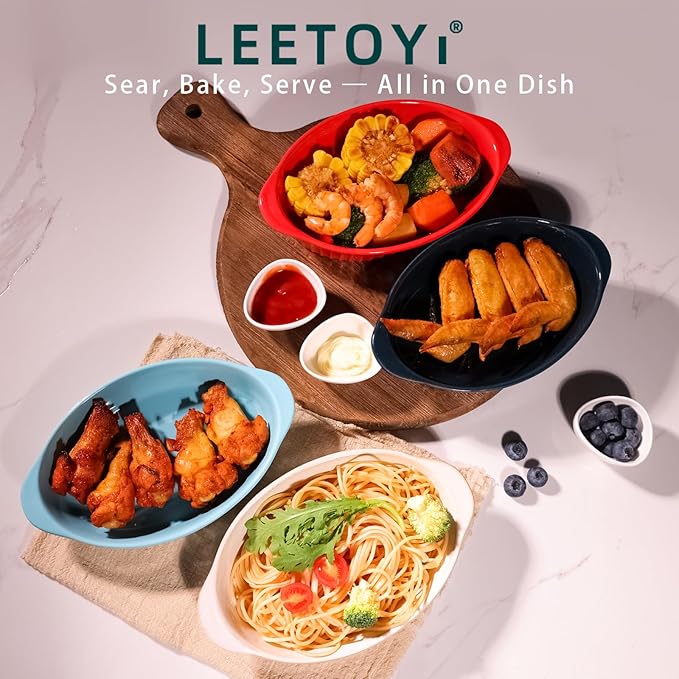 LEETOYI Porcelain Small Oval Au Gratin Pans, Baking Dish Set for 1 or 2 person servings, Bakeware with Double Handle for Kitchen and Home, Set of 2 (Turquoise)