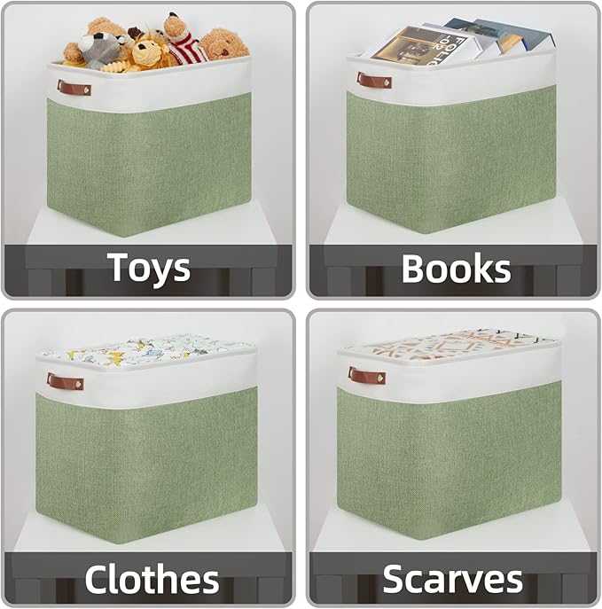 HNZIGE Shelf Storage Baskets for Clothes, Large Storage Bins Fabric Baskets for Organizing, Foldable Rectangular Decorative Storage Bins for Home Closet(White Green), 17" x 12" x 15"