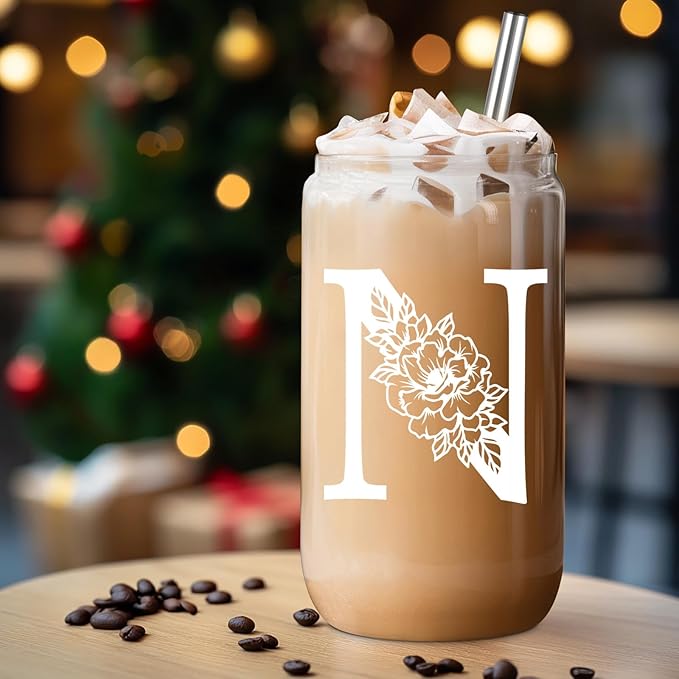 Coolife Initial Glass Cup, Monogrammed Gifts for Women, 16 oz Glass Cups w/Lids Straws, Iced Coffee Smoothie Beer Tumbler w/Straw Lid - Personalized Christmas, Birthday Gifts for Her Mom Friend Woman