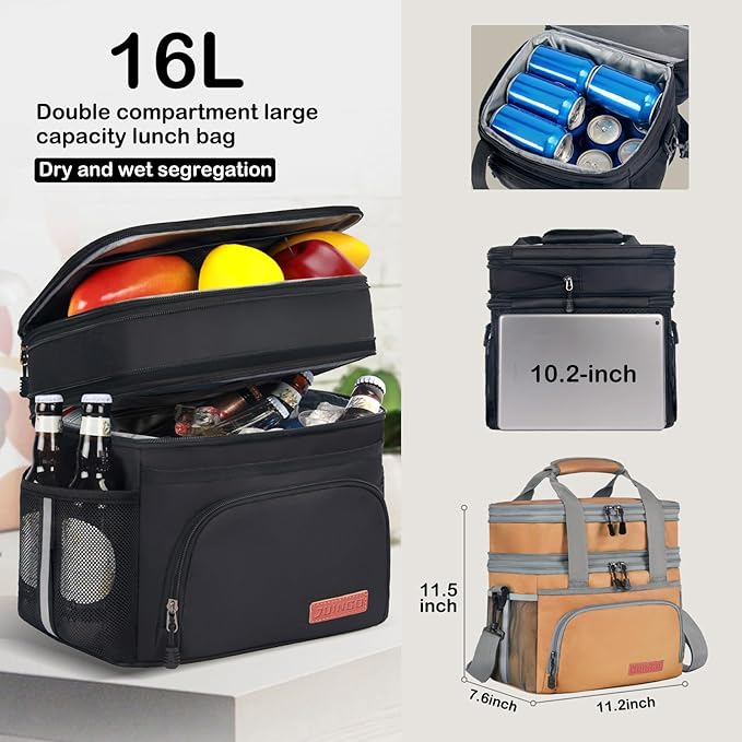 Lunch Box For Men/Women,Large Double-layer Insulated Expandable Reusable Leakproof Cooler Bags For Adults,Lunch Bag With Adjustable Shoulder Strap For Office Travel Picnic（Earth-yellow）