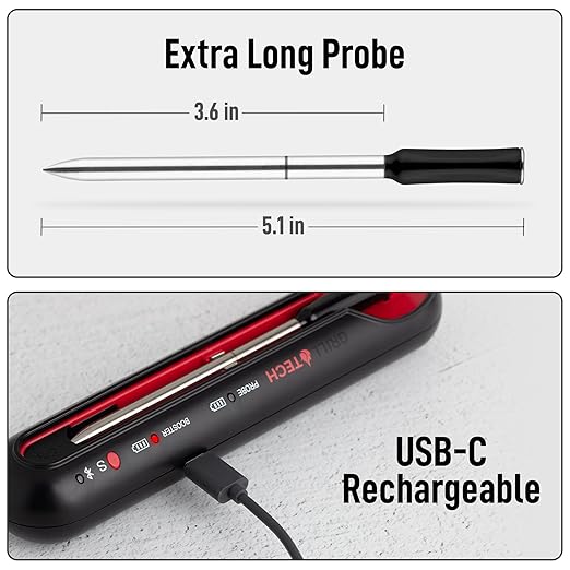 Grill Tech Wireless Meat Thermometer Digital – Bluetooth Smart Food Thermometer, Perfectly Cook Your Steak, Chicken, Brisket And More, 950ft Range, USB-C Rechargeable Case & GrillTech App for Grilling