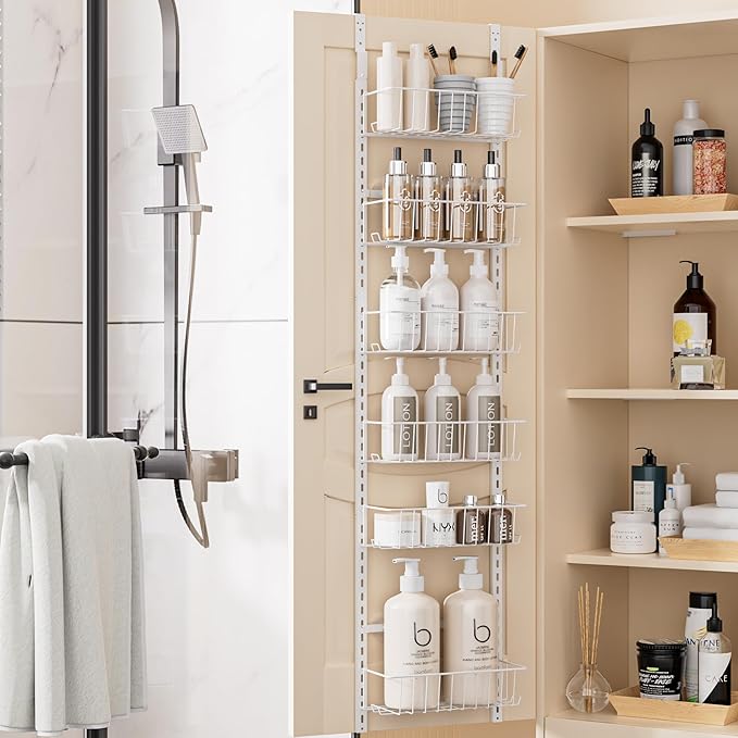 Delamu Pantry Door Organizer, Adjustable Metal Over the Door Pantry Organizer Rack, 6-Tier Over the Door Spice Rack, Kitchen Pantry Door Organizers and Storage, D5 W12 H52.1 inch, White, Small