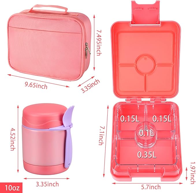 Bento Lunch Box Set for Kids with 10oz Soup Thermo, Leak-Proof Lunch Containers with 4 Compartment, Kids Thermo Hot Food Jar and Insulated Lunch Bag for Kid to School,BPA-Free(Pink)